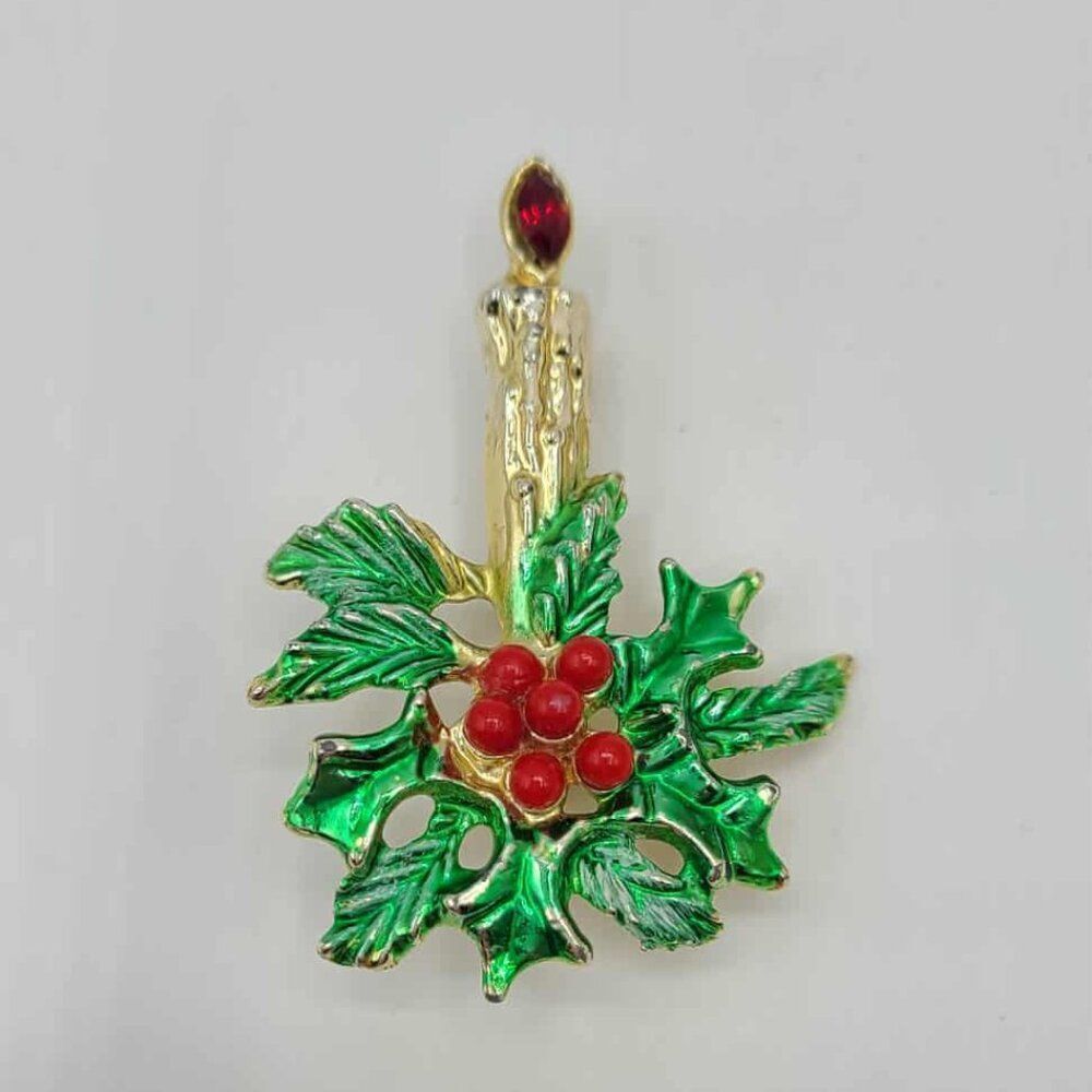 B J Beatrix Holiday Candle Holly Brooch  Vintage